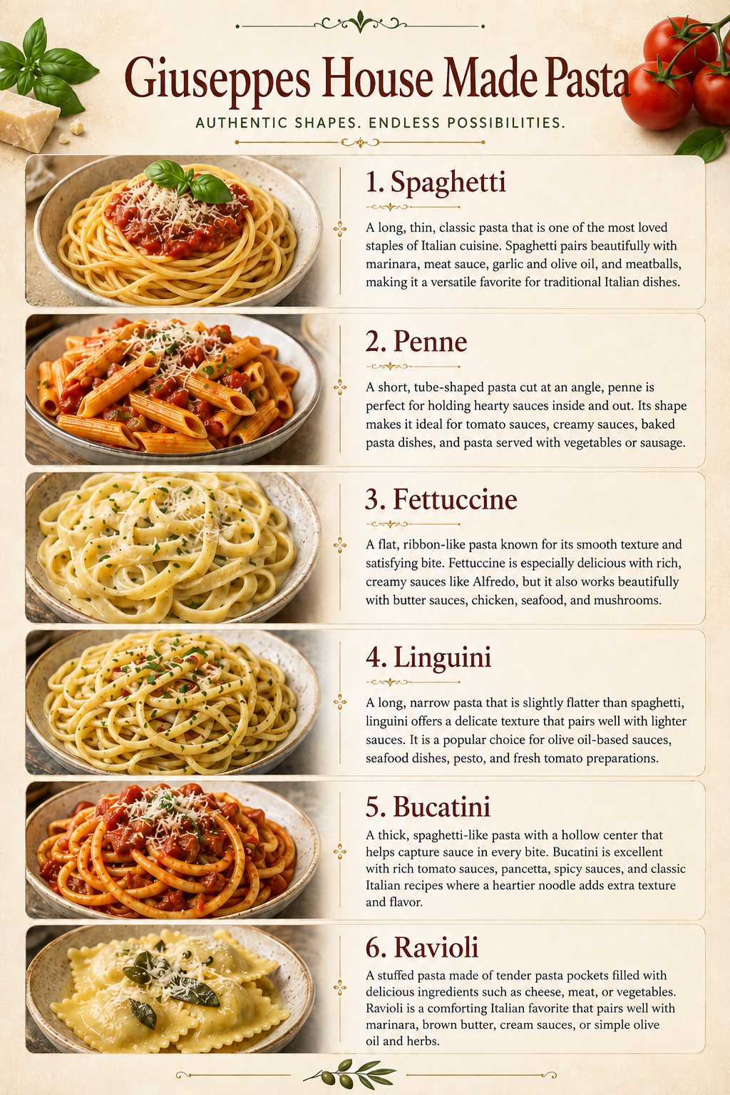 Giuseppes house-made pasta shapes guide: spaghetti, penne, fettuccine, linguini, bucatini and ravioli